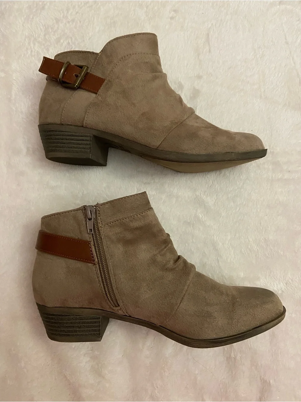 No parking Ailey Suede Ankle Booties with Side Buckle - Taupe